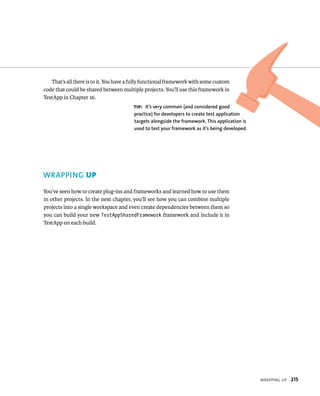 WrappIng up 215 
That’s all there is to it. You have a fully functional framework with some custom 
code that could be shared between multiple projects. You’ll use this framework in 
TestApp in Chapter 16. 
WRAPPING up 
tip: It’s very common (and considered good 
practice) for developers to create test application 
targets alongside the framework. This application is 
used to test your framework as it’s being developed. 
You’ve seen how to create plug-ins and frameworks and learned how to use them 
in other projects. In the next chapter, you’ll see how you can combine multiple 
projects into a single workspace and even create dependencies between them so 
you can build your new TestAppSharedFramework framework and include it in 
TestApp on each build. 
 