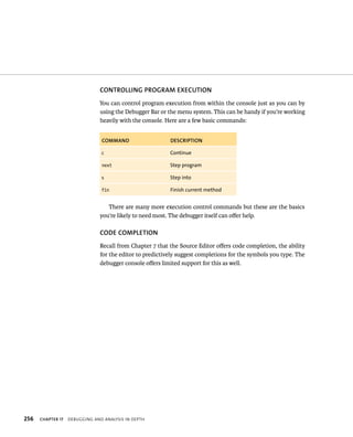 CONTROllING PROGRAM EXECuTION 
You can control program execution from within the console just as you can by 
using the Debugger Bar or the menu system. This can be handy if you’re working 
heavily with the console. Here are a few basic commands: 
ommand escription 
c continue 
next step program 
s step into 
fin finish current method 
There are many more execution control commands but these are the basics 
you’re likely to need most. The debugger itself can offer help. 
CODE COMPlETION 
Recall from Chapter 7 that the Source Editor offers code completion, the ability 
for the editor to predictively suggest completions for the symbols you type. The 
debugger console offers limited support for this as well. 
h 
 