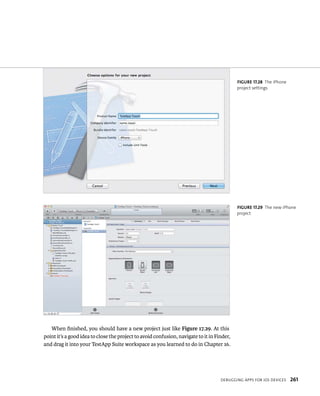 When finished, you should have a new project just like Figure 17.29. At this 
point it’s a good idea to close the project to avoid confusion, navigate to it in Finder, 
and drag it into your TestApp Suite workspace as you learned to do in Chapter 16. 
fiGURe 17 28 The iPhone 
project settings 
fiGURe 17 29 The new iPhone 
project 
deBuggIng apps For ios devICes 261 
 