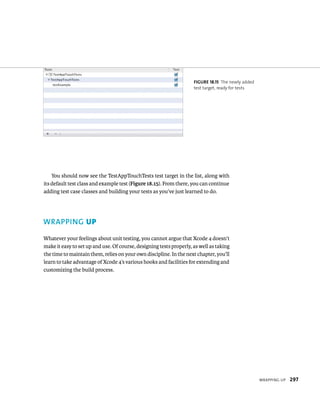 WrappIng up 297 
fiGURe 18 15 The newly added 
test target, ready for tests 
You should now see the TestAppTouchTests test target in the list, along with 
its default test class and example test (Figure 18.15). From there, you can continue 
adding test case classes and building your tests as you’ve just learned to do. 
WRAPPING up 
Whatever your feelings about unit testing, you cannot argue that Xcode 4 doesn’t 
make it easy to set up and use. Of course, designing tests properly, as well as taking 
the time to maintain them, relies on your own discipline. In the next chapter, you’ll 
learn to take advantage of Xcode 4’s various hooks and facilities for extending and 
customizing the build process. 
 