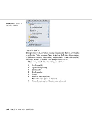 fiGURe 21 12 SCM status in 
the Project navigator 
364 CHeCkIng status 
Throughout the book, you’ve been avoiding the elephant in the room (or rather the 
symbols in the Project navigator). Figure 21.12 shows the TestApp Suite workspace 
in the Project navigator. The expanded TestApp project shows project members’ 
pending SCM status as “badges” along the right edge of the list. 
The meaning of each of the status badges is as follows: 
M Locally modified 
U Updated in repository 
A Locally added 
D Locally deleted 
I Ignored 
R Replaced in the repository 
- Mixed status (for groups and folders) 
? Not under source control (hence, status unknown) 
ChAPTER 21 sourCe Code management 
 