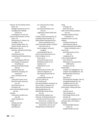 schemes. See also editing schemes 
basics, 156 
debugger attachment and, 102 
managing when building 
x 
macros, 319 
in workspaces, 219, 226–227 
schemes (build systems), 178–189 
basics, 178 
finding projects' schemes, 178 
managing, 179–181 
scheme manager sheet, 179 
Scheme selector control, 178 
SCM systems, 356–373 
branches, creating and switching, 
369–370 
committing, 366–367 
comparing and browsing history, 
370–372 
folders, managing in SVN, 363 
local changes, reverting and 
discarding, 373 
pulling and merging changes, 
368–369 
pushing changes, 367 
repositories, managing. See 
repositories 
status, checking, 364–365 
scopes 
custom find scopes, 92–94 
Edit All in Scope command, 
146, 149 
Find Scopes sheet, 92 
focusing on, 82 
screen savers, loadable bundles 
and, 198 
scripting 
environment variables and, 
305–306 
simple example, 307 
scripts 
creating, 308–309 
debugging, 305 
extending, 312 
pre- and post-action scripts, 
300–302 
Run Script build phase, 300, 
303–305 
triggering on release builds only, 
310–311 
scrubber control (Instruments), 331 
scrubbing revision timeline, 371 
SDKs (software development kits), 
Xcode 4 installation and, 4 
search and replace (project members 
and source), 89–97 
Search navigator. See Search 
navigator 
searching within files, 97 
Search control (Instruments), 331 
Search navigator, 90–95 
basics, 23, 90 
custom find scopes, 92–94 
Find Options panel, 91–92 
jumping to, 90 
replacing text, 94–96 
searches 
build log search results, 302 
options in Organizer, 40 
searching documentation for 
text, 41 
standard Help searches, 38 
selection, defined, 30 
self, printing, 252 
Sent Actions behavior (Assistant), 54 
SenTestingKit.framework, 278 
Shake event (iOS devices), 267 
sharing applications, 139 
Shell field (Run Script action), 
301, 303 
shell script file template, 304 
shortcuts. See keyboard shortcuts 
-shouldAutorotateToInterface 
Orientation: method, 265 
Show environment variables in build 
log check box, 303, 305, 306 
Siblings behavior (Assistant), 87 
sizing 
of images, 128 
layout and, 62–63 
slider control (Debug navigator), 
242, 243 
snapping to guides for fixing 
constraints, 67 
snapshots feature, 352–355 
snippets 
creating and editing, 86 
examining and using, 85 
software development kits (SDKs), 
Xcode 4 installation and, 4 
source code 
generating accessor source 
code, 124 
navigating, 81–83 
source code management 
Git vs. SVN, 356 
SCM systems. See repositories; 
SCM systems 
snapshots, 352–355 
Source Editor 
analyzer issue highlighted in, 100 
compiler issue highlighted in, 100 
finding symbols and macros 
with, 314 
Help and, 41 
interacting with debugger, 108–109 
managing breakpoints in, 106 
navigable errors and, 283 
search and replace with, 97 
Source Editor, writing code with, 
79–87 
Assistant and, 87 
code completion, 84 
Code Snippet library, 85–86 
interface, 80 
source code, navigating, 81–83 
split pane editor. See Assistant 
Spotlight 
Include Spotlight Importer 
option, 13 
loadable bundles and, 198 
 