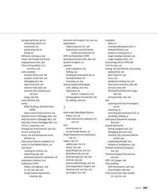 IndeX 383 
springs and struts, 59–63 
Autosizing control, 59 
constraints, 63 
positioning, 60–61 
sizing, 62 
SSH keys, setting up, 363 
stacks. See threads and stacks 
staging feature (Git), 366 
STAssertEqualObjects() 
assertion, 279 
static analyzer 
Analyze action and, 189 
analyzer results bar, 235 
debugging and, 100 
logic errors and, 241 
memory leaks and, 236 
memory over-releases and, 
237–240 
using, 234–235 
static libraries, 196 
status 
SCM, checking. See Subversion 
(SVN) 
status control (Instruments), 331 
Step Into button (Debugger Bar), 103 
Step Out button (Debugger Bar), 103 
Step Over button (Debugger Bar), 103 
STFail() assertion, 279 
Strategy bar (Instruments), 332–333 
structs, testing, 279 
struts. See also springs and struts 
defined, 59 
Style option (Search navigator), 91 
styles, in Data Model Editor, 116 
subclasses 
creating for entities, 124 
refactoring and, 148 
Subclasses behavior (Assistant), 87 
subprojects, defined, 222 
Subversion (SVN) 
folders, managing in, 363 
vs. Git, 356, 360, 361 
locally hosted repositories, 
creating, 359 
Summary tab (targets), 161–162, 163 
superclasses 
refactoring and, 147–148 
Superclasses and Subclasses 
behaviors (Assistant), 87 
SVN. See Subversion (SVN) 
switching branches (Git), 369–370 
Symbol navigator, 22 
symbols 
code completion, 84 
finding, 314 
finding documentation for, 41 
moving between, 81 
renaming, 96, 146 
system framework example 
code, adding, 202–203 
importance of 
WebKit.framework, 203 
linking against frameworks, 199 
UI, adding, 200–201 
T 
table mode (Data Model Editor) 
basics, 115, 116 
table view control, adding to UI, 
118–119 
tabs 
creating new, 34 
as new Xcode feature, 34 
Target Dependencies build phase, 
169, 177 
targets, 159–177 
adding new, 175–177 
basics, 156, 159 
Build Phases tab, 169–172 
Build Rules tab, 173–174 
Build Settings tab, 165–168 
Info tab, 162–165 
project-wide settings, 160–161 
selecting projects' targets, 160 
Summary tab, 161–162, 163 
test targets, 215, 278 
templates 
basics, 9 
creating new projects and, 11 
defined (DTrace), 326 
projects, creating new, 11 
target template chooser, 159 
target template sheet, 175 
terminology, Git vs. SVN, 356 
TestFoo class, 211 
testing. See also OCUnit; unit testing 
applications, 139 
data model UI, 123 
icons, 130 
integration testing, 273, 274 
Test action (schemes), 186–187 
test case class, 287 
TestAppTouchTests test target, 
295–297 
testing bundle, 295, 296 
text 
replacing with Search navigator, 
94–96 
searching, 91 
searching documentation for, 41 
text fields, adding, 57 
third-party framework example, 
204–207 
threads and stacks 
Debug navigator and, 109 
debugging and, 242–245 
minimal, full, and semi-filtered 
stacks, 243 
suspending threads, 245 
threads vs. breakpoints, 245 
Threads and Stacks navigator, 
104, 105 
Threads strategy (Instruments), 
332–333 
TIFF (.tif) images, 128 
time profiling 
with Instruments, 339–342 
Time Profiler, 308–309 
to-do items (basic data model), 
117–118, 121, 123 
 