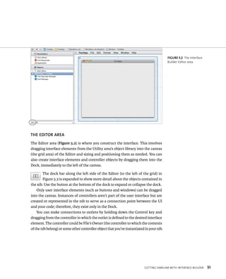 ThE EDITOR AREA 
The Editor area (Figure 5.2) is where you construct the interface. This involves 
dragging interface elements from the Utility area’s object library into the canvas 
(the grid area) of the Editor and sizing and positioning them as needed. You can 
also create interface elements and controller objects by dragging them into the 
Dock, immediately to the left of the canvas. 
The dock bar along the left side of the Editor (to the left of the grid) in 
Figure 5.2 is expanded to show more detail about the objects contained in 
the xib. Use the button at the bottom of the dock to expand or collapse the dock. 
Only user interface elements (such as buttons and windows) can be dragged 
into the canvas. Instances of controllers aren’t part of the user interface but are 
created or represented in the nib to serve as a connection point between the UI 
and your code; therefore, they exist only in the Dock. 
You can make connections to outlets by holding down the Control key and 
dragging from the controller in which the outlet is defined to the desired interface 
element. The controller could be File’s Owner (the controller to which the contents 
of the nib belong) or some other controller object that you’ve instantiated in your nib. 
fiGURe 5 2 The Interface 
Builder Editor area 
gettIng FamIlIar WItH InterFaCe BuIlder 51 
 