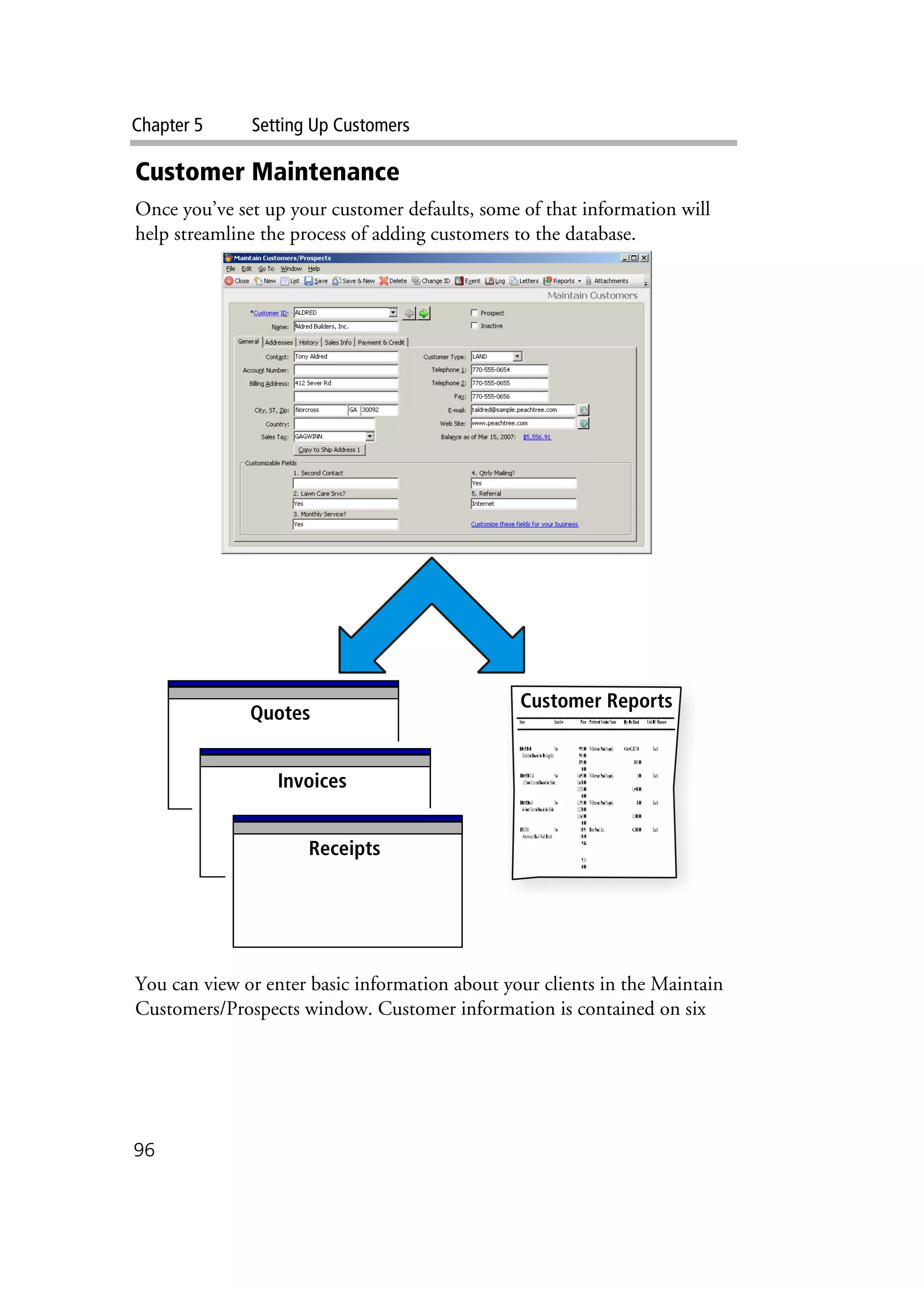 Chapter 5 Setting Up Customers
96
Customer Maintenance
Once you’ve set up your customer defaults, some of that information will
help streamline the process of adding customers to the database.
You can view or enter basic information about your clients in the Maintain
Customers/Prospects window. Customer information is contained on six
Customer Reports
Quotes
Invoices
Receipts
 