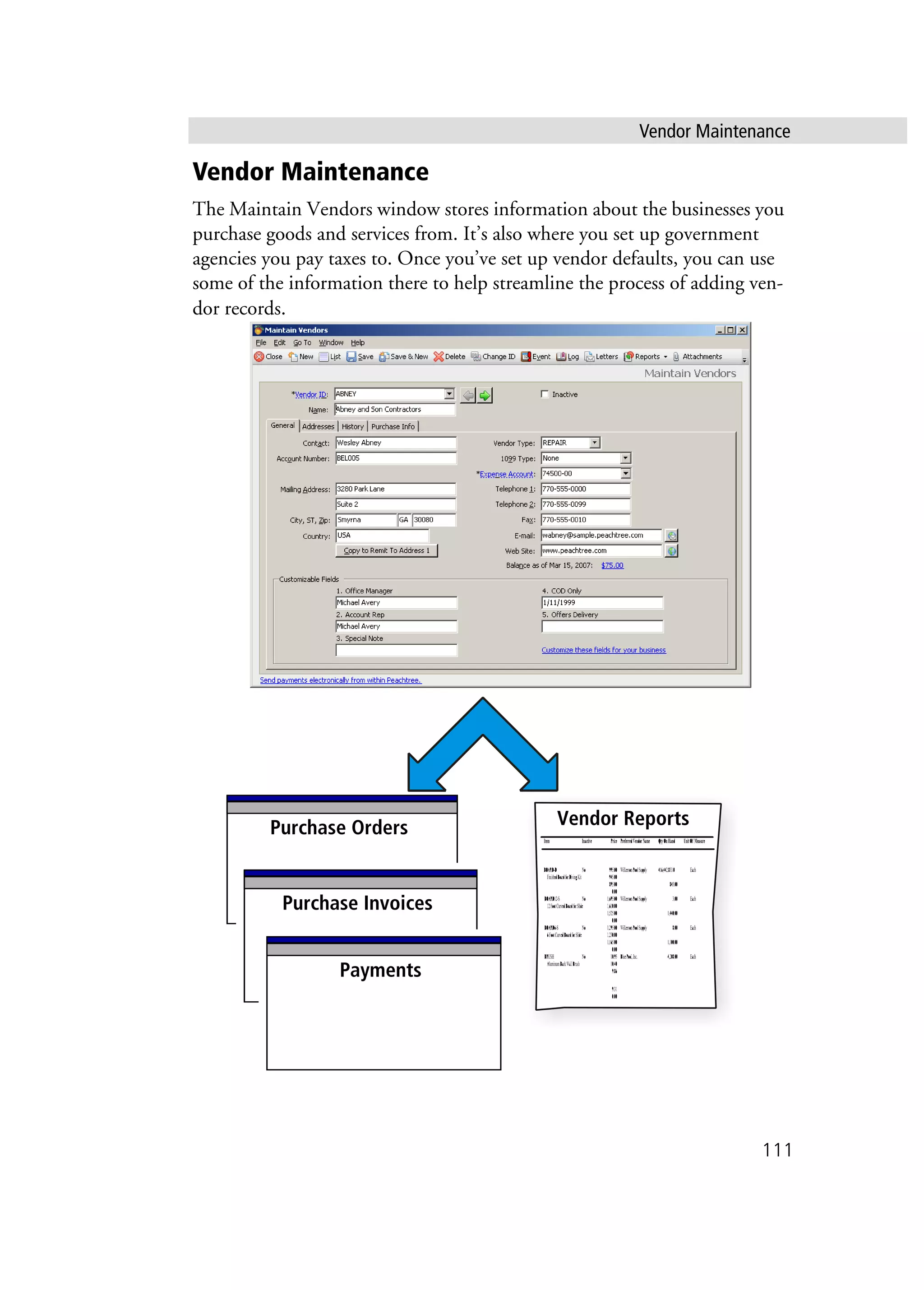 Vendor Maintenance
111
Vendor Maintenance
The Maintain Vendors window stores information about the businesses you
purchase goods and services from. It’s also where you set up government
agencies you pay taxes to. Once you’ve set up vendor defaults, you can use
some of the information there to help streamline the process of adding ven-
dor records.
Payments
Purchase Invoices
Vendor ReportsPurchase Orders
Purchase Invoices
Payments
 