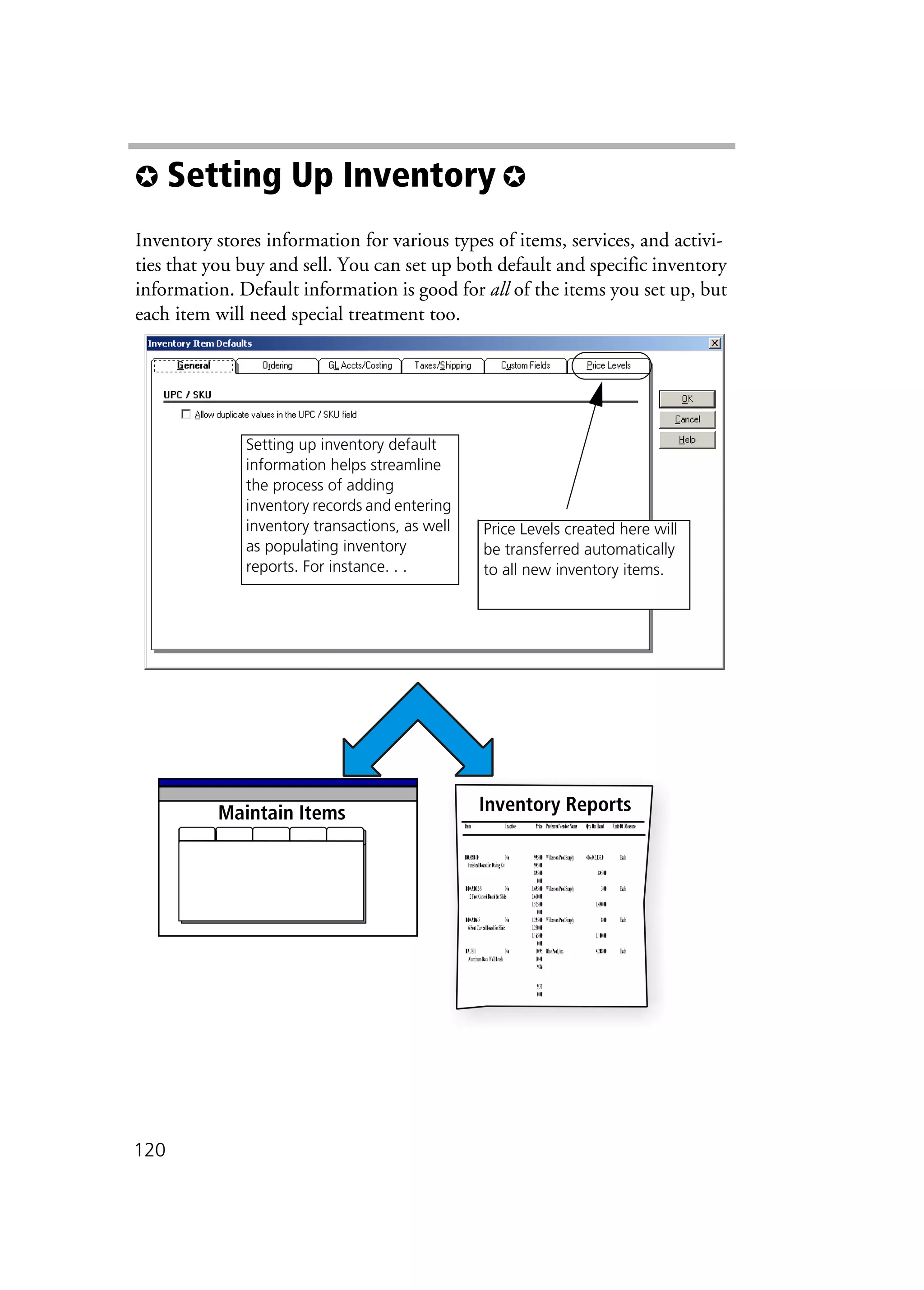 120
✪ Setting Up Inventory ✪
Inventory stores information for various types of items, services, and activi-
ties that you buy and sell. You can set up both default and specific inventory
information. Default information is good for all of the items you set up, but
each item will need special treatment too.
Inventory ReportsMaintain Items
Setting up inventory default
information helps streamline
the process of adding
inventory records and entering
inventory transactions, as well
as populating inventory
reports. For instance. . .
Price Levels created here will
be transferred automatically
to all new inventory items.
 