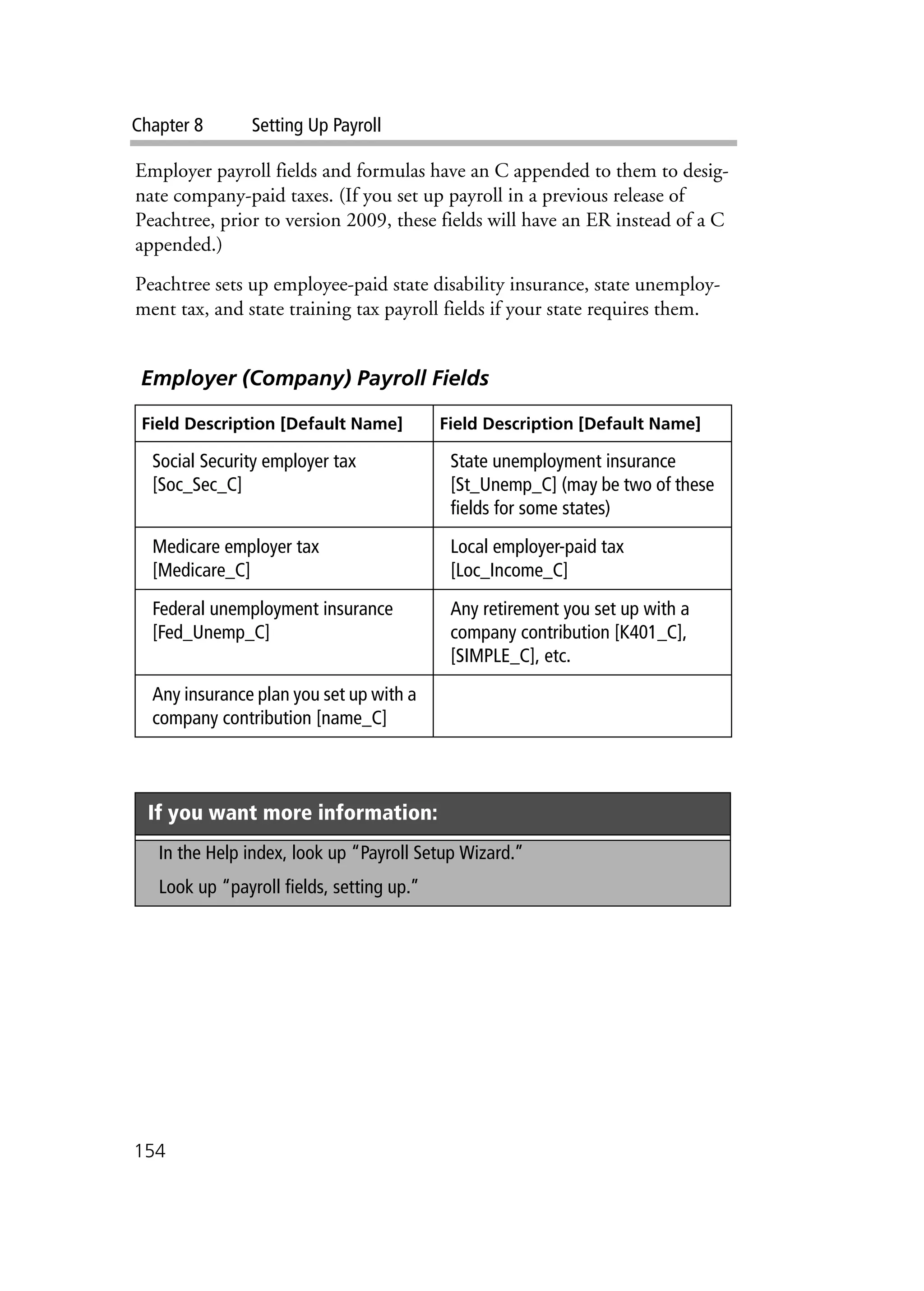 Chapter 8 Setting Up Payroll
154
Employer payroll fields and formulas have an C appended to them to desig-
nate company-paid taxes. (If you set up payroll in a previous release of
Peachtree, prior to version 2009, these fields will have an ER instead of a C
appended.)
Peachtree sets up employee-paid state disability insurance, state unemploy-
ment tax, and state training tax payroll fields if your state requires them.
Employer (Company) Payroll Fields
Field Description [Default Name] Field Description [Default Name]
Social Security employer tax
[Soc_Sec_C]
State unemployment insurance
[St_Unemp_C] (may be two of these
fields for some states)
Medicare employer tax
[Medicare_C]
Local employer-paid tax
[Loc_Income_C]
Federal unemployment insurance
[Fed_Unemp_C]
Any retirement you set up with a
company contribution [K401_C],
[SIMPLE_C], etc.
Any insurance plan you set up with a
company contribution [name_C]
If you want more information:
In the Help index, look up “Payroll Setup Wizard.”
Look up “payroll fields, setting up.”
 
