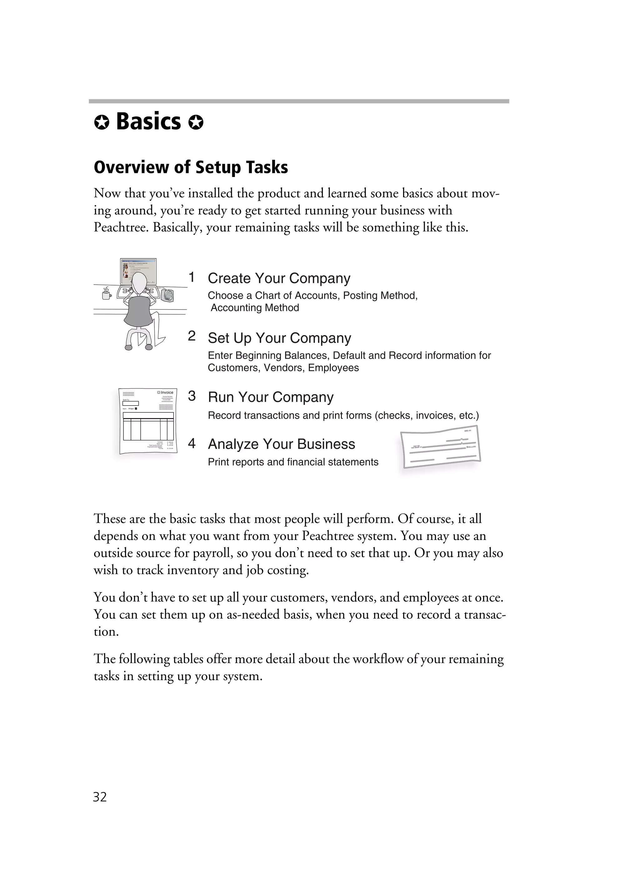 32
✪ Basics ✪
Overview of Setup Tasks
Now that you’ve installed the product and learned some basics about mov-
ing around, you’re ready to get started running your business with
Peachtree. Basically, your remaining tasks will be something like this.
These are the basic tasks that most people will perform. Of course, it all
depends on what you want from your Peachtree system. You may use an
outside source for payroll, so you don’t need to set that up. Or you may also
wish to track inventory and job costing.
You don’t have to set up all your customers, vendors, and employees at once.
You can set them up on as-needed basis, when you need to record a transac-
tion.
The following tables offer more detail about the workflow of your remaining
tasks in setting up your system.
Create Your Company
Choose a Chart of Accounts, Posting Method,
Accounting Method
1
Set Up Your Company
Enter Beginning Balances, Default and Record information for
Customers, Vendors, Employees
2
Run Your Company
Record transactions and print forms (checks, invoices, etc.)
3
Analyze Your Business
Print reports and financial statements
4
Invoicexxxxxxxxxxxxxx
xxxxxxxxxxxxxx
xxxxxxxxxxxxxx
xxxxxxxxxxxxxx
xxxxxxxxxxxxxx
xxxxxxxxxxxxxxxxx
xxxxxxxxxxxxxxxxx
xxxxxxxxxxxxxxxxx
xxxxxxxxxxxxxxxxx
Sold To:
Item:
Invoice Number
Invoice Date
Subtotal
Sales Tax
Total Invoice Amount
Payment/Credit Applied
TOTAL
$ 200.00
$ 10.00
$ 210.00
$ 210.00
Widget
 