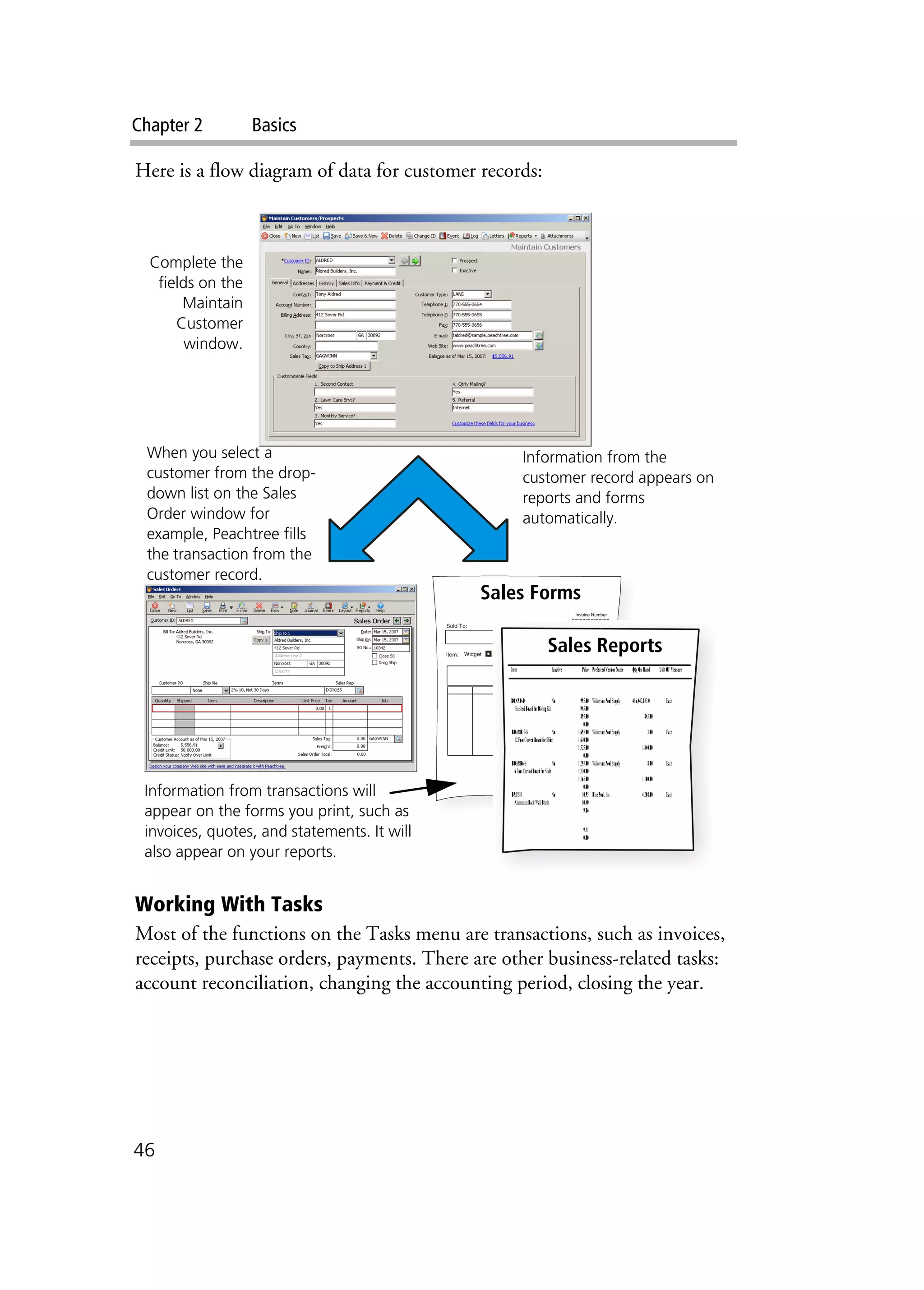 Chapter 2 Basics
46
Here is a flow diagram of data for customer records:
Working With Tasks
Most of the functions on the Tasks menu are transactions, such as invoices,
receipts, purchase orders, payments. There are other business-related tasks:
account reconciliation, changing the accounting period, closing the year.
xxxxxxxxxxxxxx
xxxxxxxxxxxxxx
xxxxxxxxxxxxxxxxx
xxxxxxxxxxxxxxxxx
xxxxxxxxxxxxxxxxx
xxxxxxxxxxxxxxxxx
Sold To:
Item:
Invoice Number
Invoice Date
Subtotal
Sales Tax
Total Invoice Amount
Payment/Credit Applied
TOTAL
$ 200.00
$ 10.00
$ 210.00
$ 210.00
Widget
Complete the
fields on the
Maintain
Customer
window.
When you select a
customer from the drop-
down list on the Sales
Order window for
example, Peachtree fills
the transaction from the
customer record.
Sales Forms
Sales Reports
Information from the
customer record appears on
reports and forms
automatically.
Information from transactions will
appear on the forms you print, such as
invoices, quotes, and statements. It will
also appear on your reports.
 