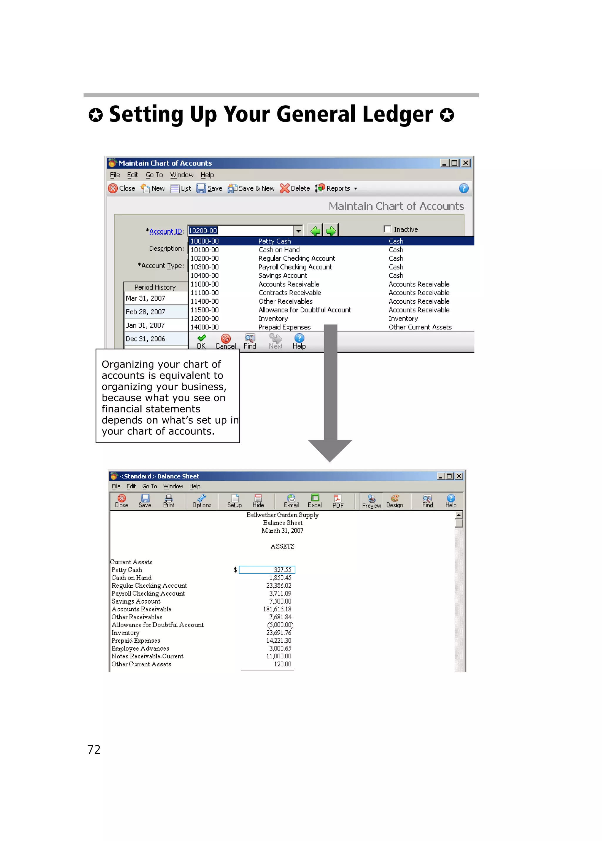 72
✪ Setting Up Your General Ledger ✪
Organizing your chart of
accounts is equivalent to
organizing your business,
because what you see on
financial statements
depends on what’s set up in
your chart of accounts.
 