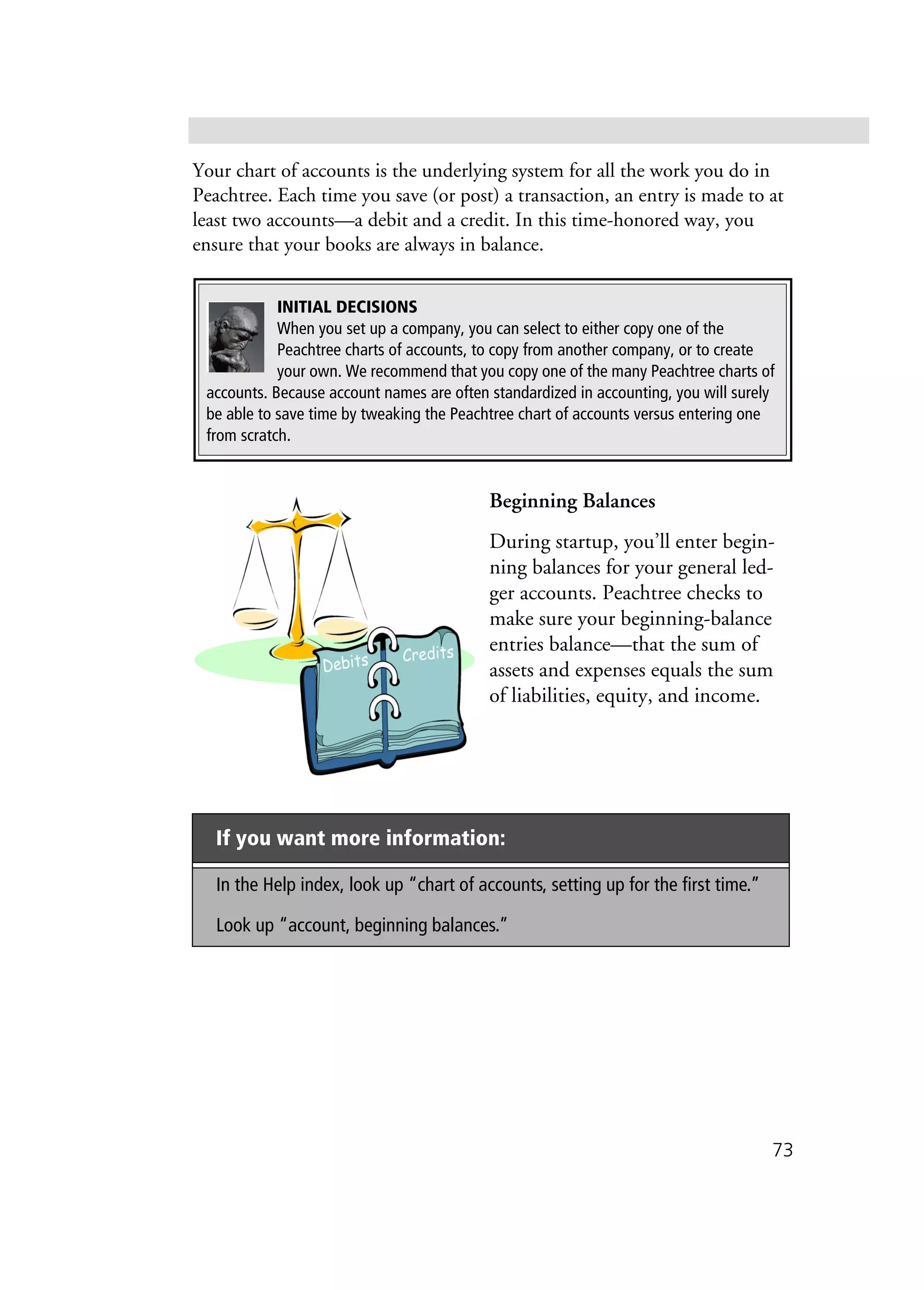 73
Your chart of accounts is the underlying system for all the work you do in
Peachtree. Each time you save (or post) a transaction, an entry is made to at
least two accounts—a debit and a credit. In this time-honored way, you
ensure that your books are always in balance.
Beginning Balances
During startup, you’ll enter begin-
ning balances for your general led-
ger accounts. Peachtree checks to
make sure your beginning-balance
entries balance—that the sum of
assets and expenses equals the sum
of liabilities, equity, and income.
If you want more information:
In the Help index, look up “chart of accounts, setting up for the first time.”
Look up “account, beginning balances.”
INITIAL DECISIONS
When you set up a company, you can select to either copy one of the
Peachtree charts of accounts, to copy from another company, or to create
your own. We recommend that you copy one of the many Peachtree charts of
accounts. Because account names are often standardized in accounting, you will surely
be able to save time by tweaking the Peachtree chart of accounts versus entering one
from scratch.
 