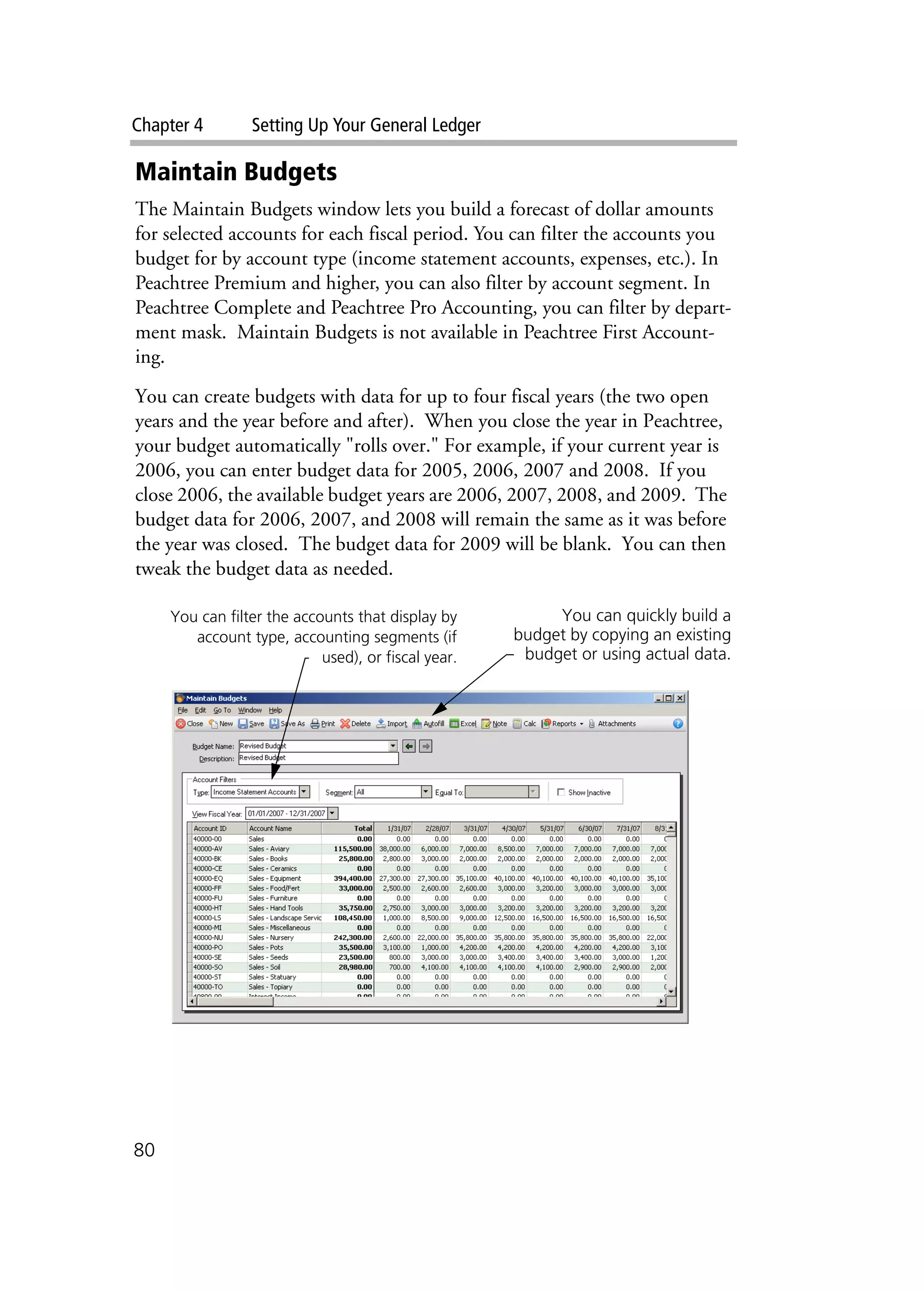 Chapter 4 Setting Up Your General Ledger
80
Maintain Budgets
The Maintain Budgets window lets you build a forecast of dollar amounts
for selected accounts for each fiscal period. You can filter the accounts you
budget for by account type (income statement accounts, expenses, etc.). In
Peachtree Premium and higher, you can also filter by account segment. In
Peachtree Complete and Peachtree Pro Accounting, you can filter by depart-
ment mask. Maintain Budgets is not available in Peachtree First Account-
ing.
You can create budgets with data for up to four fiscal years (the two open
years and the year before and after). When you close the year in Peachtree,
your budget automatically "rolls over." For example, if your current year is
2006, you can enter budget data for 2005, 2006, 2007 and 2008. If you
close 2006, the available budget years are 2006, 2007, 2008, and 2009. The
budget data for 2006, 2007, and 2008 will remain the same as it was before
the year was closed. The budget data for 2009 will be blank. You can then
tweak the budget data as needed.
You can filter the accounts that display by
account type, accounting segments (if
used), or fiscal year.
You can quickly build a
budget by copying an existing
budget or using actual data.
 
