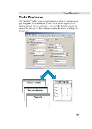 Vendor Maintenance
111
Vendor Maintenance
The Maintain Vendors window stores information about the businesses you
purchase goods and services from. It’s also where you set up government
agencies you pay taxes to. Once you’ve set up vendor defaults, you can use
some of the information there to help streamline the process of adding ven-
dor records.
Payments
Purchase Invoices
Vendor ReportsPurchase Orders
Purchase Invoices
Payments
 