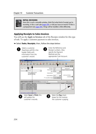Chapter 10 Customer Transactions
204
Applying Receipts to Sales Invoices
You will use the Apply to Invoices tab of the Receipts window for this type
of task. To apply a customer payment to sales invoices,
➥ Select Tasks, Receipts; then, follow the steps below:
INITIAL DECISIONS
Since this is such a versatile window, think first what kind of receipt you’re
recording. Is this a cash sale (page 205), or did you issue an invoice? If this is
a prepayment (see page 205), things will be handled a little differently.
Mark the Pay check
boxes for the invoices
the customer is paying.
Select Save or Print; this
will update the
customer’s records.
Enter the Reference and
Receipt numbers. Also,
specify the Payment
Method and the
appropriate Cash Account.
Select a customer.
Peachtree will fill in the
header fields with
information from the
customer’s record.
 