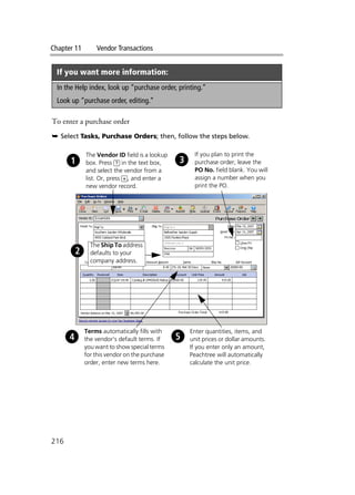Chapter 11 Vendor Transactions
216
To enter a purchase order
➥ Select Tasks, Purchase Orders; then, follow the steps below.
If you want more information:
In the Help index, look up “purchase order, printing.”
Look up “purchase order, editing.”
The Vendor ID field is a lookup
box. Press ? in the text box,
and select the vendor from a
list. Or, press +, and enter a
new vendor record.
Terms automatically fills with
the vendor’s default terms. If
you want to show special terms
for this vendor on the purchase
order, enter new terms here.
Enter quantities, items, and
unit prices or dollar amounts.
If you enter only an amount,
Peachtree will automatically
calculate the unit price.
If you plan to print the
purchase order, leave the
PO No. field blank. You will
assign a number when you
print the PO.
The Ship To address
defaults to your
company address.
 