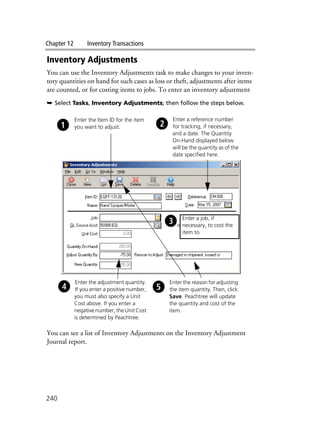 Chapter 12 Inventory Transactions
240
Inventory Adjustments
You can use the Inventory Adjustments task to make changes to your inven-
tory quantities on hand for such cases as loss or theft, adjustments after items
are counted, or for costing items to jobs. To enter an inventory adjustment
➥ Select Tasks, Inventory Adjustments; then follow the steps below.
You can see a list of Inventory Adjustments on the Inventory Adjustment
Journal report.
Enter the Item ID for the item
you want to adjust.
Enter the adjustment quantity.
If you enter a positive number,
you must also specify a Unit
Cost above. If you enter a
negative number, the Unit Cost
is determined by Peachtree.
Enter the reason for adjusting
the item quantity. Then, click
Save. Peachtree will update
the quantity and cost of the
item.
Enter a reference number
for tracking, if necessary,
and a date. The Quantity
On-Hand displayed below
will be the quantity as of the
date specified here.
Enter a job, if
necessary, to cost the
item to.
 