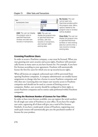 Chapter 15 Other Tasks and Transactions
276
Licensing Peachtree Users
In order to access a Peachtree company, a user must be licensed. When you
start granting new users security and access rights, Peachtree will automati-
cally license as many users as you have licenses for. For example, if you have
five licenses according to your agreement, Peachtree will automatically
license the first five users for which you set up security/access rights.
When all licenses are assigned, unlicensed users will be prevented from
opening Peachtree companies. A company administrator can modify license
assignments to change who has a license to access Peachtree companies and
who does not. Licensing does not impact user security access to Peachtree
companies and should not be used as a means of limiting access to
companies. Rather, user security should be configured to limit rights to
access Peachtree companies and to restrict tasks performed within Peachtree
companies.
Getting the Maximum Number of Licenses for Your Office
In order to have more licenses available, you can register the serial numbers
for all single-user units of Peachtree in your office. If you have five single-
user units, registering all of them will give you a total of five licenses.
Similarly, if you have a multi-pack version of Peachtree, registering your
multi-pack version will automatically give you the purchased number of
licenses for your product.
No Access: The user
cannot open any
Peachtree window within
the program area. Menu
options related to the
program area or window
will be disabled.
View Only: The user can
display the program area
or specified Peachtree
window or view existing
data but cannot enter a
new record or change
existing data.
Add: The user can display
the program area or
specified Peachtree
window and add new
records or transactions.
Edit: The user can
display the program area
or specified Peachtree
window, add new
records or transactions,
and maintain (edit)
existing data.
 