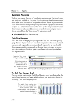 Chapter 16 Reports
310
Business Analysis
To help you analyze the state of your business you can use Peachtree’s man-
ager tools (not available in Peachtree First Accounting). Peachtree’s manager
series offers up to four levels of analysis for different aspects of your business.
Most of the options allow you to quickly switch from a graphical or numeric
analysis, to a list of all transactions that make up the analysis, to transaction
detail for any specific record (customer or vendor), to the original transac-
tion as entered from the Tasks menu. To access these tools
➥ Select Analysis from the menu bar.
Cash Flow Manager
The Cash Flow Manager gives you a powerful tool you can use to quickly
grasp the state of your business's cash. It shows you the balances of your cash
accounts, cash expected to come in, and cash expected to go out. In addi-
tion, you can modify settings, such as the time frame you want to see, the
types of transactions (invoices, quotes, purchases, and so on) you include
and expected totals.
The Cash Flow Manager Graph
You can use the graph on the Cash Flow Manager to see at a glance what the
state of your business is. Choose which columns you want to see: Balances,
Incoming Cash, and Outgoing Cash.
Select the Time frame
that you want to see.
Select the Time frame
that you want to see.
Add “what if” rows for projected income and expenses.
Select the accounts
and transactions you
want to include in
your projection, using
the three tabs.
The graph shows you the state
of your business’s cash, broken
down according to the Time
frame selected. You can see at a
glance how your business is
doing.
 