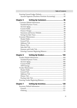iii
Table of Contents
Entering General Ledger Defaults....................................................81
Account Segments (Peachtree Premium Accounting)....................82
Chapter 5 Setting Up Customers.................................... 86
Customer Default Information .......................................................86
Standard Payment Terms..............................................................87
Account Aging..............................................................................88
Custom Fields...............................................................................88
Finance Charges ...........................................................................89
Statement and Invoice Defaults ....................................................90
Setting Up Sales Taxes..................................................................92
Customer Maintenance....................................................................96
Header Fields................................................................................97
General Tab..................................................................................97
Addresses Tab...............................................................................98
History Tab..................................................................................98
Sales Info Tab...............................................................................98
Payment and Credit Tab...............................................................99
Entering Customer Beginning Balances ........................................99
Chapter 6 Setting Up Vendors...................................... 104
Vendor Default Information..........................................................104
Standard Payment Terms............................................................105
Account Aging............................................................................106
Custom Fields.............................................................................108
1099 Settings..............................................................................109
Vendor Maintenance .....................................................................111
Header Fields..............................................................................113
General Tab................................................................................113
Addresses Tab.............................................................................113
History Tab................................................................................114
Purchase Info Tab.......................................................................114
Entering Vendor Beginning Balances.............................................115
Chapter 7 Setting Up Inventory ................................... 120
Inventory Default Information ......................................................121
General.......................................................................................121
Ordering.....................................................................................121
 