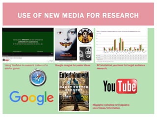USE OF NEW MEDIA FOR RESEARCH
Using YouTube to research trailers of a
similar genre.
Google images for poster ideas. BFI statistical yearbook for target audience
research.
Magazine websites for magazine
cover ideas/information.
 