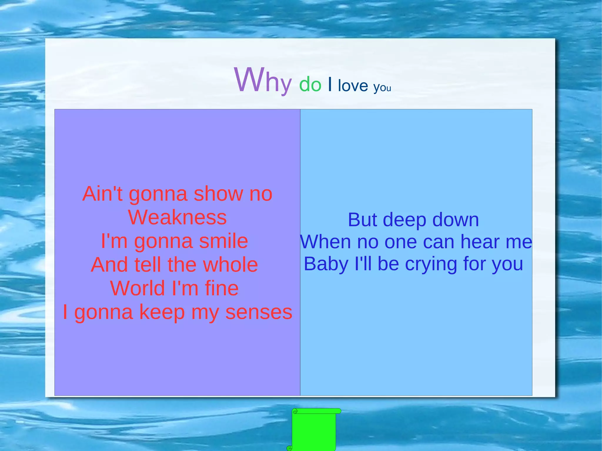 W h y   d o  I   love  y o u Ain't gonna show no Weakness I'm gonna smile  And tell the whole  World I'm fine  I gonna keep my senses But deep down  When no one can hear me Baby I'll be crying for you   