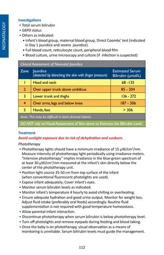 112
NEONATALOGY
Investigations
• Total serum bilirubin
• G6PD status
• Others as indicated:
• Infant’s blood group, maternal blood group, Direct Coombs’ test (indicated
in Day 1 jaundice and severe jaundice).
• Full blood count, reticulocyte count, peripheral blood film
• Blood culture, urine microscopy and culture (if infection is suspected)
Clinical Assessment of Neonatal Jaundice
Zone Jaundice
(detected by blanching the skin with finger pressure)
Estimated Serum
Bilirubin (µmol/L)
1 Head and neck 68 -135
2 Over upper trunk above umbilicus 85 - 204
3 Lower trunk and thighs 136 - 272
4 Over arms,legs and below knee 187 - 306
5 Hands,feet  306
Note: This may be difficult in dark skinned infants
DO NOT rely onVisualAssessment of Skin alone to Estimate the Bilirubin Level
Treatment
Avoid sunlight exposure due to risk of dehydration and sunburn.
Phototherapy
• Phototherapy lights should have a minimum irradiance of 15 µW/cm2
/nm.
Measure intensity of phototherapy light periodically using irradiance meters.
“Intensive phototherapy” implies irradiance in the blue-green spectrum of
at least 30 μW/cm2
/nm measured at the infant’s skin directly below the
center of the phototherapy unit.
• Position light source 35-50 cm from top surface of the infant
(when conventional fluorescent photolights are used).
• Expose infant adequately; Cover infant’s eyes.
• Monitor serum bilirubin levels as indicated.
• Monitor infant’s temperature 4 hourly to avoid chilling or overheating.
• Ensure adequate hydration and good urine output. Monitor for weight loss.
Adjust fluid intake (preferably oral feeds) accordingly. Routine fluid
supplementation is not required with good temperature homeostasis.
• Allow parental-infant interaction.
• Discontinue phototherapy when serum bilirubin is below phototherapy level.
• Turn off photolights and remove eyepads during feeding and blood taking.
• Once the baby is on phototherapy, visual observation as a means of
monitoring is unreliable. Serum bilirubin levels must guide the management.
 