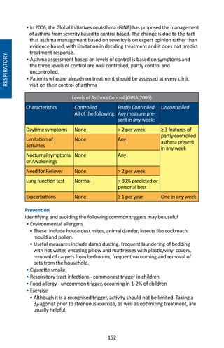 152
RESPIRATORY
• In 2006, the Global Initiatives on Asthma (GINA) has proposed the management
of asthma from severity based to control based. The change is due to the fact
that asthma management based on severity is on expert opinion rather than
evidence based, with limitation in deciding treatment and it does not predict
treatment response.
• Asthma assessment based on levels of control is based on symptoms and
the three levels of control are well controlled, partly control and
uncontrolled.
• Patients who are already on treatment should be assessed at every clinic
visit on their control of asthma
Levels of Asthma Control (GINA 2006)
Characteristics Controlled
All of the following:
Partly Controlled
Any measure pre-
sent in any week:
Uncontrolled
Daytime symptoms None  2 per week ≥ 3 features of
partly controlled
asthma present
in any week
Limitation of
activities
None Any
Nocturnal symptoms
or Awakenings
None Any
Need for Reliever None  2 per week
Lung function test Normal  80% predicted or
personal best
Exacerbations None ≥ 1 per year One in any week
Prevention
Identifying and avoiding the following common triggers may be useful
• Environmental allergens
• These include house dust mites, animal dander, insects like cockroach,
mould and pollen.
• Useful measures include damp dusting, frequent laundering of bedding
with hot water, encasing pillow and mattresses with plastic/vinyl covers,
removal of carpets from bedrooms, frequent vacuuming and removal of
pets from the household.
• Cigarette smoke
• Respiratory tract infections - commonest trigger in children.
• Food allergy - uncommon trigger, occurring in 1-2% of children
• Exercise
• Although it is a recognised trigger, activity should not be limited. Taking a
β₂-agonist prior to strenuous exercise, as well as optimizing treatment, are
usually helpful.
 
