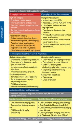 190
Guidelines on Infective Endocarditis (IE) prophylaxis
IE prophylaxis Recommended IE prophylaxis Not Recommended
High-risk category
• Prosthetic cardiac valves.
• Previous bacterial endocarditis.
• Complex cyanotic congenital heart
disease.
• Surgical systemic pulmonary shunts
or conduits.
Negligible-risk category
• Isolated secundum ASD.
• Repaired ASD,VSD, PDA ( 6 mths)
• Mitral valve prolapse without
regurgitation.
• Functional, or innocent heart
murmurs.
• Previous Kawasaki disease without
valvar dysfunction.
• Previous rheumatic fever without
valvar dysfunction.
• Cardiac pacemakers and implanted
defibrillators.
Moderate-risk category
• Other congenital cardiac defects
(other than high/low risk category)
• Acquired valvar dysfunction.
(e.g. rheumatic heart disease)
• Hypertrophic cardiomyopathy.
• Mitral valve prolapse with regurgitation.
Common procedures that require IE Prophylaxis
Oral, dental procedures
• Extractions, periodontal procedures.
• Placement of orthodontic bands
(but not brackets).
• Intraligamentary local anaesthetic
injections.
• Prophylactic cleaning of teeth.
Respiratory procedures
• Tonsillectomy or adenoidectomy.
• Surgical operations involving
respiratory mucosa.
• Rigid bronchoscopy.
• Flexible bronchoscopy with biopsy.
Gastrointestinal procedures
• Sclerotherapy for esophageal varices.
• Oesophageal stricture dilatation.
• Endoscopic retrograde
cholangiography biliary tract surgery.
• Surgical operations involving
intestinal mucosa.
Genitourinary procedures
• Cystoscopy.
• Urethral dilation.
Antibiotic guidelines for IE prophylaxis
Endocarditis Prophylactic Regimens for Dental, Oral, RespiratoryTract and
Esophageal Procedures
Standard general prophylaxis Penicillin allergy (Either one of below):
• OralAmoxicillin 50 mg/kg (max 2
Gm),one hour before procedure
OR
• IV/IMAmpicillin 50 mg/kg
(max 2 Gm)
• Oral Clindamycin 20 mg/kg (max 600 mg)
• Oral Cephalexin 50 mg/kg (max 2 Gm)
• OralAzithromycin/clarithromycin 50 mg/kg
(max 500 mg)
• Oral Erythromycin 20 mg/kg (max 3 Gm)
• IV Clindamycin 20 mg/kg (max 600 mg)
Note:Giveoraltherapy1hourbeforeprocedure;IVtherapy30minsbeforeprocedure.
CARDIOLOGY
 