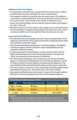 233
Additional criteria for children
• It is generally assumed that the young child’s brain may be more resilient
to certain forms of injury, although this issue is controversial.
• The newborn is difficult to evaluate after perinatal insults. This relates to
many factors including difficulties of clinical examination, determination of
the cause of coma, and certainty of the validity of laboratory tests.
• Hence no recommendation can be made for preterm infants and newborn
less than 7 days old.
• Beyond this period, the brain death criteria apply but the interval between
two examinations is lengthened depending on the age of the child, and an
ancillary test (EEG) is recommended for those less than one year old.
Assessment and Certification
• Two specialists who are competent (at least 3 years of postgraduate clinical
experience and trained in brain death assessment) in diagnosing brain death
are qualified to certify brain death.
• They should preferably be paediatricians, anaesthesiologists, neurologists
and neurosurgeons. Doctors involved in organ transplantation are not
allowed to certify brain death.
• A repeat assessment and certification must be carried out after the first
(with interval between the 2 examinations depending on the age of the
child), not necessarily by the same pair of specialists.
• The ‘Brain Death Certification’ form is filled up by the first set of doctors
(Doctor A and B) and completed by the 2nd set of doctors (Doctor C and D)
or Doctor A and B if the same doctors are performing the repeat test. The
time of death will then be declared by the doctors performing the repeat test.
• The time of death is at the time of the 2nd testing. Should the patient’s heart
stop before the repeat test, that will be taken as the time of death.
• Brain death certification must only be done in areas of the hospital with full
facilities for intensive cardiopulmonary care of the comatose patients.
Time criteria and ancillary testing in children
Age Interval between assessments Recommended no.of EEGs
7 days – 2 mths 48 hours 2
2 mths – 1 year 24 hours 2
 1 year¹ 12 hours Not needed
Footnote:
1.If hypoxic ischaemic encephalopathy is present,observation for at least 24 hr is
recommended.This interval may be reduced if an EEG shows electrocerebral silence.
NEUROLOGY
 