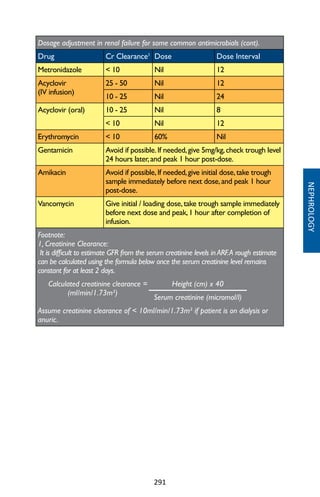 291
Dosage adjustment in renal failure for some common antimicrobials (cont).
Drug Cr Clearance1
Dose Dose Interval
Metronidazole  10 Nil 12
Acyclovir
(IV infusion)
25 - 50 Nil 12
10 - 25 Nil 24
Acyclovir (oral) 10 - 25 Nil 8
 10 Nil 12
Erythromycin  10 60% Nil
Gentamicin Avoid if possible.If needed,give 5mg/kg,check trough level
24 hours later,and peak 1 hour post-dose.
Amikacin Avoid if possible,If needed,give initial dose,take trough
sample immediately before next dose,and peak 1 hour
post-dose.
Vancomycin Give initial / loading dose,take trough sample immediately
before next dose and peak,1 hour after completion of
infusion.
Footnote:
1, Creatinine Clearance:
It is difficult to estimate GFR from the serum creatinine levels inARF.A rough estimate
can be calculated using the formula below once the serum creatinine level remains
constant for at least 2 days.
Calculated creatinine clearance =
(ml/min/1.73m²)
Height (cm) x 40
Serum creatinine (micromol/l)
Assume creatinine clearance of  10ml/min/1.73m² if patient is on dialysis or
anuric.
NEPHROLOGY
 