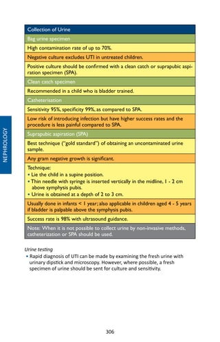 306
NEPHROLOGY
Collection of Urine
Bag urine specimen
High contamination rate of up to 70%.
Negative culture excludes UTI in untreated children.
Positive culture should be confirmed with a clean catch or suprapubic aspi-
ration specimen (SPA).
Clean catch specimen
Recommended in a child who is bladder trained.
Catheterisation
Sensitivity 95%, specificity 99%, as compared to SPA.
Low risk of introducing infection but have higher success rates and the
procedure is less painful compared to SPA.
Suprapubic aspiration (SPA)
Best technique (“gold standard”) of obtaining an uncontaminated urine
sample.
Any gram negative growth is significant.
Technique:
• Lie the child in a supine position.
• Thin needle with syringe is inserted vertically in the midline, 1 - 2 cm
above symphysis pubis.
• Urine is obtained at a depth of 2 to 3 cm.
Usually done in infants  1 year; also applicable in children aged 4 - 5 years
if bladder is palpable above the symphysis pubis.
Success rate is 98% with ultrasound guidance.
Note: When it is not possible to collect urine by non-invasive methods,
catheterization or SPA should be used.
Urine testing
• Rapid diagnosis of UTI can be made by examining the fresh urine with
urinary dipstick and microscopy. However, where possible, a fresh
specimen of urine should be sent for culture and sensitivity.
 