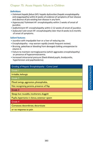 383
Chapter 75: Acute Hepatic Failure in Children
Definitions
• Fulminant hepatic failure (HF): hepatic dysfunction (hepatic encephalopathy
and coagulopathy) within 8 weeks of evidence of symptoms of liver disease
and absence of pre-existing liver disease in any form.
• Hyperacute/ Fulminant HF: encephalopathy within 2 weeks of onset of
jaundice.
• Subfulminant HF: encephalopathy within 2-12 weeks of onset of jaundice.
• Subacute/ Late-onset HF: encephalopathy later than 8 weeks to 6 months
of onset of symptoms.
Salient features
• Jaundice with impalpable liver or a liver of reducing size.
• Encephalopathy - may worsen rapidly (needs frequent review).
• Bruising, petechiae or bleeding from deranged clotting unresponsive to
vitamin K.
• Failure to maintain normoglycaemia (which aggravates encephalopathy)
or presence of hyperammonaemia.
• Increased intracranial pressure (fixed dilated pupils, bradycardia,
hypertension and papilloedema).
Grading of Hepatic Encephalopathy - Coma Level
Grade 1
Irritable, lethargic
Grade 2
Mood swings, aggression, photophobia,
Not recognising parents, presence of flap
Grade 3
Sleepy but rousable, incoherent, sluggish
Pupils, hypertonia ± clonus, extensor spasm
Grade 4
Comatose; decerebrate, decorticate
or no response to pain
GASTROENTEROLOGY
 