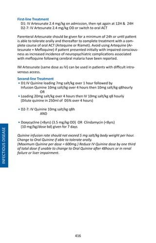 416
First-line Treatment
D1: IV Artesunate 2.4 mg/kg on admission, then rpt again at 12H  24H
D2-7: IV Artesunate 2.4 mg/kg OD or switch to oral ACT
Parenteral Artesunate should be given for a minimum of 24h or until patient
is able to tolerate orally and thereafter to complete treatment with a com-
plete course of oral ACT (Artequine or Riamet). Avoid using Artequine (Ar-
tesunate + Mefloquine) if patient presented initially with impaired conscious-
ness as increased incidence of neuropsychiatric complications associated
with mefloquine following cerebral malaria have been reported.
IM Artesunate (same dose as IV) can be used in patients with difficult intra-
venous access.
Second-line Treatment
• D1:IV Quinine loading 7mg salt/kg over 1 hour followed by
Infusion Quinine 10mg salt/kg over 4 hours then 10mg salt/kg q8hourly
OR
• Loading 20mg salt/kg over 4 hours then IV 10mg salt/kg q8 hourly
(Dilute quinine in 250ml of D5% over 4 hours)
• D2-7: IV Quinine 10mg salt/kg q8h
AND
• Doxycycline (8yrs) (3.5 mg/kg OD) OR Clindamycin (8yrs)
(10 mg/kg/dose bd) given for 7 days
Quinine infusion rate should not exceed 5 mg salt/kg body weight per hour.
Change to Oral Quinine if able to tolerate orally.
(Maximum Quinine per dose = 600mg.) Reduce IV Quinine dose by one third
of total dose if unable to change to Oral Quinine after 48hours or in renal
failure or liver impairment.
INFECTIOUSDISEASE
 