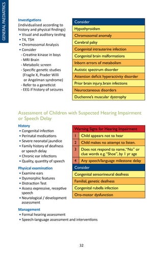 32
Investigations
(individualised according to
history and physical findings)
• Visual and auditory testing
• T4, TSH
• Chromosomal Analysis
• Consider
- Creatine kinase in boys
- MRI Brain
- Metabolic screen
- Specific genetic studies
(Fragile X, Prader Willi
or Angelman syndrome)
- Refer to a geneticist
- EEG if history of seizures
Assessment of Children with Suspected Hearing Impairment
or Speech Delay
History
• Congenital infection
• Perinatal medications
• Severe neonatal jaundice
• Family history of deafness
or speech delay
• Chronic ear infections
• Quality, quantity of speech
Physical examination
• Examine ears
• Dysmorphic features
• Distraction Test
• Assess expressive, receptive
speech
• Neurological / development
assessment
Management
• Formal hearing assessment
• Speech-language assessment and interventions
Consider
Hypothyroidism
Chromosomal anomaly
Cerebral palsy
Congenital intrauterine infection	
Congenital brain malformations
Inborn errors of metabolism
Autistic spectrum disorder
Attention deficit hyperactivity disorder
Prior brain injury, brain infections
Neuroctaneous disorders
Duchenne’s muscular dystrophy
Warning Signs for Hearing Impairment
1 Child appears not to hear
2 Child makes no attempt to listen.
3 Does not respond to name,“No” or
clue words e.g.“Shoe”, by 1 yr age
4 Any speech/language milestone delay
Consider
Congenital sensorineural deafness
Familial, genetic deafness
Congenital rubella infection
Oro-motor dysfunction
GENERALPAEDIATRICS
 