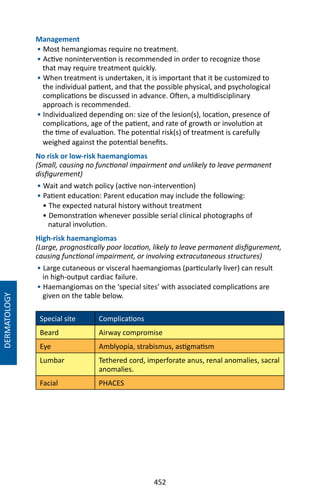 452
Management
• Most hemangiomas require no treatment.
• Active nonintervention is recommended in order to recognize those
that may require treatment quickly.
• When treatment is undertaken, it is important that it be customized to
the individual patient, and that the possible physical, and psychological
complications be discussed in advance. Often, a multidisciplinary
approach is recommended.
• Individualized depending on: size of the lesion(s), location, presence of
complications, age of the patient, and rate of growth or involution at
the time of evaluation. The potential risk(s) of treatment is carefully
weighed against the potential benefits.
No risk or low-risk haemangiomas
(Small, causing no functional impairment and unlikely to leave permanent
disfigurement)
• Wait and watch policy (active non-intervention)
• Patient education: Parent education may include the following:
• The expected natural history without treatment
• Demonstration whenever possible serial clinical photographs of
natural involution.
High-risk haemangiomas
(Large, prognostically poor location, likely to leave permanent disfigurement,
causing functional impairment, or involving extracutaneous structures)
• Large cutaneous or visceral haemangiomas (particularly liver) can result
in high-output cardiac failure.
• Haemangiomas on the ‘special sites’ with associated complications are
given on the table below.
Special site Complications
Beard Airway compromise
Eye Amblyopia, strabismus, astigmatism
Lumbar Tethered cord, imperforate anus, renal anomalies, sacral
anomalies.
Facial PHACES
DERMATOLOGY
 