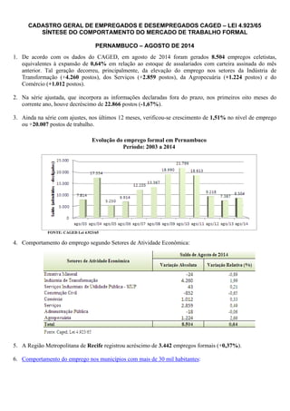 CADASTRO GERAL DE EMPREGADOS E DESEMPREGADOS CAGED – LEI 4.923/65 
SÍNTESE DO COMPORTAMENTO DO MERCADO DE TRABALHO FORMAL 
PERNAMBUCO – AGOSTO DE 2014 
1. De acordo com os dados do CAGED, em agosto de 2014 foram gerados 8.504 empregos celetistas, 
equivalentes à expansão de 0,64% em relação ao estoque de assalariados com carteira assinada do mês 
anterior. Tal geração decorreu, principalmente, da elevação do emprego nos setores da Indústria de 
Transformação (+4.260 postos), dos Serviços (+2.859 postos), da Agropecuária (+1.224 postos) e do 
Comércio (+1.012 postos). 
2. Na série ajustada, que incorpora as informações declaradas fora do prazo, nos primeiros oito meses do 
corrente ano, houve decréscimo de 22.866 postos (-1,67%). 
3. Ainda na série com ajustes, nos últimos 12 meses, verificou-se crescimento de 1,51% no nível de emprego 
ou +20.007 postos de trabalho. 
Evolução do emprego formal em Pernambuco 
Período: 2003 a 2014 
FONTE: CAGED Lei 4.923/65 
4. Comportamento do emprego segundo Setores de Atividade Econômica: 
5. A Região Metropolitana de Recife registrou acréscimo de 3.442 empregos formais (+0,37%). 
6. Comportamento do emprego nos municípios com mais de 30 mil habitantes: 
 