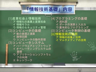 「情報技術基礎」内容
(1)産業社会と情報技術
ア 情報化の進展と産業社会
イ 情報モラル
ウ 情報のセキュリティ管理
(2)コンピュータの基礎
ア 数の表現と演算
イ 論理回路
ウ コンピュータの動作原理
(3)コンピュータシステム
ア ハードウェアとソフトウェア
イ オペレーティングシステムの
基礎
ウ アプリケーションソフトウェ
アの利用
エ ネットワーク
(4)プログラミングの基礎
ア 流れ図
イ データの演算と入出力
ウ 基本的なプログラミング
(5)コンピュータ制御の基礎
(6)情報技術の活用
ア 情報の収集と活用
イ マルチメディアの活用
 