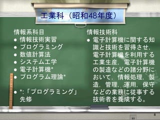 工業科（昭和48年度）
情報系科目
 情報技術実習
 プログラミング
 数値計算法
 システム工学
 電子計算機*
 プログラム理論*
 *:「プログラミング」
先修
情報技術科
 電子計算機に関する知
識と技術を習得させ，
電子計算機を利用する
工業生産，電子計算機
の製造などの諸分野に
おいて，情報処理，製
造，管理，運用，保守
などの業務に従事する
技術者を養成する。
8
 