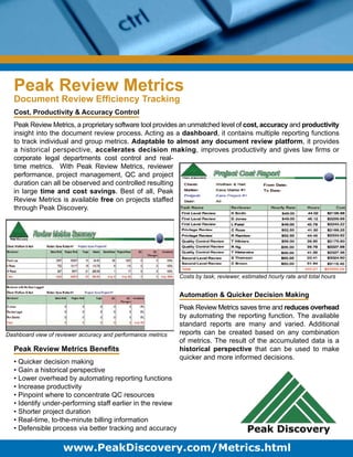 www.PeakDiscovery.com/Metrics.html
Peak Review Metrics
Document Review Efficiency Tracking
Dashboard view of reviewer accuracy and performance metrics
Peak Review Metrics Benefits
• Quicker decision making
• Gain a historical perspective
• Lower overhead by automating reporting functions
• Increase productivity
• Pinpoint where to concentrate QC resources
• Identify under-performing staff earlier in the review
• Shorter project duration
• Real-time, to-the-minute billing information
• Defensible process via better tracking and accuracy
Cost, Productivity & Accuracy Control
Peak Review Metrics, a proprietary software tool provides an unmatched level of cost, accuracy and productivity
insight into the document review process. Acting as a dashboard, it contains multiple reporting functions
to track individual and group metrics. Adaptable to almost any document review platform, it provides
a historical perspective, accelerates decision making, improves productivity and gives law firms or
corporate legal departments cost control and real-
time metrics. With Peak Review Metrics, reviewer
performance, project management, QC and project
duration can all be observed and controlled resulting
in large time and cost savings. Best of all, Peak
Review Metrics is available free on projects staffed
through Peak Discovery.
Automation & Quicker Decision Making
Peak Review Metrics saves time and reduces overhead
by automating the reporting function. The available
standard reports are many and varied. Additional
reports can be created based on any combination
of metrics. The result of the accumulated data is a
historical perspective that can be used to make
quicker and more informed decisions.
Costs by task, reviewer, estimated hourly rate and total hours
 