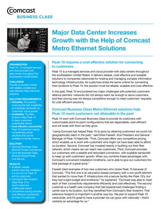 Major Data Center Increases
                                     Growth with the Help of Comcast
                                     Metro Ethernet Solutions

                                     Peak 10 requires a cost-effective solution for connecting
organization
Peak 10 – A managed services         to customers
and cloud provider with              Peak 10 is a managed services and cloud provider with data centers throughout
data centers throughout the
                                     the southeastern United States. It delivers reliable, cost-effective and scalable
southeastern United States.
                                     solutions to companies nationwide for hosting and managing complex information
challenge                            technology infrastructures. Its customers share the same criteria for connecting
Provide co-location clients          their locations to Peak 10: the solution must be reliable, scalable and cost-effective.
with reliable, scalable and
cost-effective Metro Ethernet        In the past, Peak 10 encountered two major challenges with potential customers:
solutions
                                     alliance partners’ networks did not always reach far enough to serve customers,
Solution requirementS                and their pricing was not always competitive enough to meet customers’ requests
•	 reliability: The solution         for cost-efficient solutions.
   must provide high availability
   and scalable bandwidth for
   customers’ future growth.
                                     comcast Business class metro ethernet solutions help
•	 availability: The fiber           Peak 10 reach customers not attainable in the past
   footprint helps Peak 10
                                     Peak	10	went	with	Comcast	Business	Class	to	provide	its	customers	with	
   to reach customers
   unattainable before.              customizable point-to-point configurations that are dependable, cost-efficient
•	 cost-effective connectivity:      and will scale with them as they grow.
   Peak 10 customers require
   competitively priced              “Using	Comcast	has	helped	Peak	10	to	grow	by	attaining	customers	we	could	not	
   solutions that can be             geographically reach in the past,” said Drew Fassett, Vice President and General
   installed in a timely manner.     Manager	of	Peak	10	Nashville.	“First,	Comcast	offers	very	competitive	pricing,	
                                     which enables us to work with customers who might not have been able to afford
Solution
•	 Comcast	Business	Class	           co-location.	Second,	Comcast	has	invested	heavily	in	building	out	their	fiber	
   Ethernet Private Line Service     network,	which	means	we	can	reach	new	customers.	Third,	Comcast	provides	
•	 Comcast	Business	Class	           our customers with a reliable and redundant connection, with scalable bandwidth
   Ethernet Virtual Private          to keep up with customers’ growth. When you combine these advantages with
   Line Service
                                     Comcast’s	convenient	installation	timeframe,	we’re	able	to	give	our	customers	the	
reSultS                              total package at a great price.”
•	 Scalable,	reliable	
   solution plus fast installation   Fassett cited examples of two new customers who chose Peak 10 because of
   is a win-win for Peak 10          Comcast.	“The	first	one	is	an	education-based	company	with	a	non-profit	element	
   and its customers                 that wanted to move their IT infrastructure into a secure facility like Peak 10’s, but
•	 Comcast’s	fiber	footprint	        they	had	a	tight	budget	and	timeframe,”	he	explained.	“Comcast	was	able	to	meet	
   helps Peak 10 to
                                     each of their connectivity requirements efficiently and cost-effectively. The second
   reach customers
   unattainable before               customer is a health care company that had experienced challenges finding a
•	 Competitive	pricing	provides	     carrier	due	to	its	location,	but	they	benefited	from	Comcast’s	fiber	footprint.	That	
   cost-effective connectivity       extensive footprint is important in another way too. We plan to expand Peak 10
   for Peak 10 customers             nationwide, and it’s great to have a provider we can grow with nationally – that’s
                                     certainly an advantage for us.”
 
