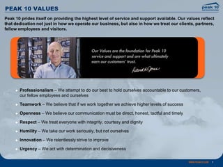 PEAK 10 VALUES
Peak 10 prides itself on providing the highest level of service and support available. Our values reflect
that dedication not just in how we operate our business, but also in how we treat our clients, partners,
fellow employees and visitors.




     ►   Professionalism – We attempt to do our best to hold ourselves accountable to our customers,
         our fellow employees and ourselves

     ►   Teamwork – We believe that if we work together we achieve higher levels of success

     ►   Openness – We believe our communication must be direct, honest, tactful and timely

     ►   Respect – We treat everyone with integrity, courtesy and dignity

     ►   Humility – We take our work seriously, but not ourselves

     ►   Innovation – We relentlessly strive to improve

     ►   Urgency – We act with determination and decisiveness

                                                                                              WWW.PEAK10.COM   1
 