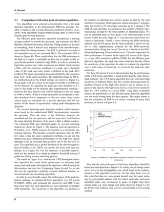 P. Du et al.
6
3.1 Comparison with other peak detection algorithms
Two algorithms were selected as benchmarks. One is the peak
detection algorithm in the Bioconductor PROcess package. An-
other is based on the wavelet denoising method (Coombes, et al.,
2005). Both algorithms require preprocessing steps to remove the
baseline prior to peak detection.
The PROcess peak detection algorithm incorporates a moving
average method to smooth the spectrum, and estimates the MAD
(Median Absolute Deviation) within the sliding window at the time
of smoothing; then it detects local maxima of the smoothed spec-
trum within the sliding window. The SNR is defined as the ratio of
the smoothed value to the estimated MAD. The estimated SNR is
shown in Figure 4.b. These results show that the SNR estimation in
the high m/z region is unreliable as there are no peaks in this re-
gion but the method resulted in high SNRs. In order to control the
high false positive rate, other constraints are added, which include
a filter with the minimum amplitude of a peak, and a threshold
value of the peak area ratio which is defined as the peak AUC
(within 0.3% range surrounding the peak) divided by the maximum
peak AUC of the entire spectrum. The identified peaks by PROc-
ess method based on the default settings are shown in Figure 4.a.
Weak peaks with m/z values in the range of 20,000 to 50,000 can-
not be detected. By adjusting the peak area ratio threshold to 0.1,
some of the peaks will be detected (See supplementary material) –
however, the false positive rate will be increased in the m/z range
of 3000 to 10000. While it would be possible to incorporate a vari-
able threshold that is responsive to the m/z value, these values
cannot easily be calculated for a specific spectrum and will not
resolve all the issues of reproducibly calling peaks throughout the
spectrum.
The wavelet denoising peak detection method, which removes
noise based on the undecimated DWT decomposition, smoothes
the spectrum. Thus the noise is the difference between the
smoothed and the raw spectrum, and the noise level is defined as
the mean absolute deviation of the noise within a sliding window.
The estimated SNR and identified peaks by wavelet denoising
method are shown in Figure 5. The baseline removal algorithm in
(Coombes, et al., 2005) assumes the baseline is a monotonic, de-
creasing function. The baseline corrected spectrum starts at 3054
m/z value. Using the same visualization methods, we can see this
method has good estimation performance in the high m/z region,
although it has an increased false positive rate in the low m/z re-
gion. The algorithm uses a global threshold in the denoising proce-
dure (Coombes, et al., 2005). As a result, the noise with high am-
plitude, as in Figure 5.b, was not removed. A possible improve-
ment for this method is to adopt an adaptive threshold instead of
global one during wavelet denoising process.
The results in Figure 3 to 5 indicate the CWT-based peak detec-
tion algorithm has much better performance in detecting both
strong and weak peaks throughout the spectrum, while keeping the
false positive rate very low. Comparing Figure 4.a and 5.a, we can
also see the significant variability between different baseline re-
moval methods and smoothing algorithms.
In order to more broadly assess the performance of the peak de-
tection methods, we applied all three algorithms over 60 spectra
(CAMDA, 2006), and estimated the sensitivity and FDR (False
Discovery Rate) for each algorithm on each spectrum at multiple
SNR thresholds. The sensitivity of the algorithm was defined as
the number of identified true positive peaks divided by the total
number of real peaks. (Each spectrum sample contained 7 polypep-
tides that result in 21 real peaks assuming up to 3 charges.) The
FDR of each algorithm was defined as the number of falsely iden-
tified peaks divided by the total number of identified peaks. We
call an identified peak as false peak if the identified peak is not
located within the error range of +/- one percent of the known m/z
values of real peaks. Finally a curve showing the FDR-sensitivity
tradeoff over the 60 spectra for the three methods is shown in Fig-
ure 6. (See supplementary material for the FDR-sensitivity
relations before fitting the curve) This curve is similar to the ROC
(Receiver Operating Characteristic) curve. The point represents the
ideal performance is located at the upper left corner of the figure,
i.e., it has 100% sensitivity and 0% of FDR. For the PROcess peak
detection algorithm, the peak area ratio constraint directly affects
the sensitivity of the algorithm. In order to evaluate the algorithm
over a wide range of sensitivity, we removed the peak area ratio
constraint.
For these 60 spectra, Figure 6 demonstrates that the performance
of the CWT-based algorithm is much better than the other bench-
mark methods. The CWT-based algorithm provides consistent high
sensitivity at different FDRs. For the wavelet denoising based al-
gorithm, because of the high false positive rate in spectra or re-
gions of the spectra with high noise levels, it has lower sensitivity
than the CWT method at a given FDR. Using these evaluation
criteria, the performance of the PROcess peak detection algorithm
was the worst among three for these spectra. The major reason is
that the estimation of SNR is not robust, resulting in many false
positives, as shown in Figure 4.b.
Note that the real performance of all these algorithms should be
better than that depicted in Figure 6. In reality, not all charge states
(up to three) of the polypeptides exist, which result in the underes-
timation of the algorithm sensitivity. On the other hand, even in
this controlled data set, some peaks located near the major peaks
may be polypeptide adducts with the matrix molecules, and some
identified peaks may correspond to peaks of higher than three
charge states, e.g., four-charge state peaks shown in Figure 3.a. So
the FDR of the methods may also be overestimated in our scoring
method.
Figure 6 Comparison of algorithm performance based on FDR-sensitivity
relationship.
 