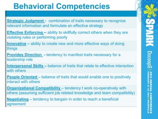 Behavioral Competencies
Strategic Judgment - combination of traits necessary to recognize
relevant information and formulate an effective strategy
Effective Enforcing – ability to skillfully correct others when they are
violating rules or performing poorly
Innovative – ability to create new and more effective ways of doing
things
Provides Direction - tendency to manifest traits necessary for a
leadership role
Interpersonal Skills – balance of traits that relate to effective interaction
with others
People Oriented – balance of traits that would enable one to positively
interact with others
Organizational Compatibility – tendency t work co-operatively with
others (assuming sufficient job related knowledge and team compatibility)
Negotiating – tendency to bargain in order to reach a beneficial
agreement
 