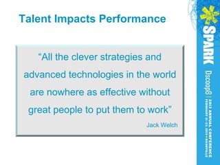 Talent Impacts Performance


   “All the clever strategies and
advanced technologies in the world
 are nowhere as effective without
 great people to put them to work”
                             Jack Welch
 