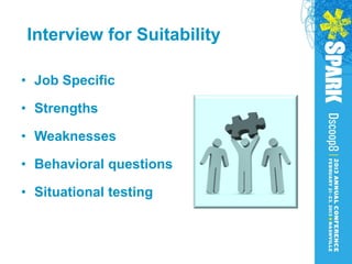 Interview for Suitability

• Job Specific

• Strengths

• Weaknesses

• Behavioral questions

• Situational testing
 