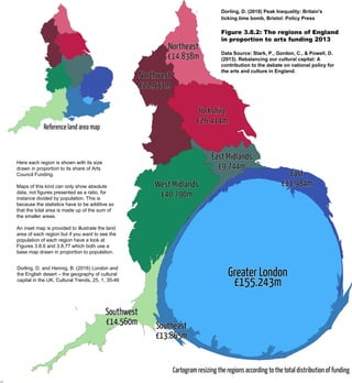 Dorling, D. (2018) Peak Inequality: Britain's
ticking time bomb, Bristol: Policy Press
Figure 3.8.2: The regions of England
in proportion to arts funding 2013
Data Source: Stark, P., Gordon, C., & Powell, D.
(2013). Rebalancing our cultural capital: A
contribution to the debate on national policy for
the arts and culture in England.
Here each region is shown with its size
drawn in proportion to its share of Arts
Council Funding.
Maps of this kind can only show absolute
data, not figures presented as a ratio, for
instance divided by population. This is
because the statistics have to be additive so
that the total area is made up of the sum of
the smaller areas.
An inset map is provided to illustrate the land
area of each region but if you want to see the
population of each region have a look at
Figures 3.8.6 and 3.8.77 which both use a
base map drawn in proportion to population.
Dorling, D. and Hennig, B. (2016) London and
the English desert – the geography of cultural
capital in the UK, Cultural Trends, 25, 1, 35-46
 