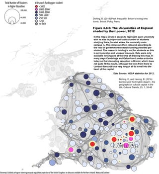 Dorling, D. (2018) Peak Inequality: Britain's ticking time
bomb, Bristol: Policy Press
Figure 3.8.6: The Universities of England
shaded by their power, 2012
In this map a circle is drawn to represent each university
with its size in proportion to the number of students
studying there, located where the university main
campus is. The circles are then coloured according to
the ratio of government research funding awarded per
student. The research funding is not for students so this
is an innovative and unusual measure. Data were only
available for England at the time of drawing this map. In
many ways Cambridge and Oxford are London suburbs
today so the interesting exception is Bristol, which does
not quite fit the mould, although the train from there to
London does not take very long at all to travel into the
heart of the capital.
Data Source: HESA statistics for 2012.
Dorling, D. and Hennig, B. (2016)
London and the English desert – the
geography of cultural capital in the
UK, Cultural Trends, 25, 1, 35-46
 