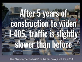 After 5 years of
construction to widen
I-405, trafﬁc is slightly
slower than before
The "fundamental rule" of traﬃc. Vox, Oct 23, 2014
 