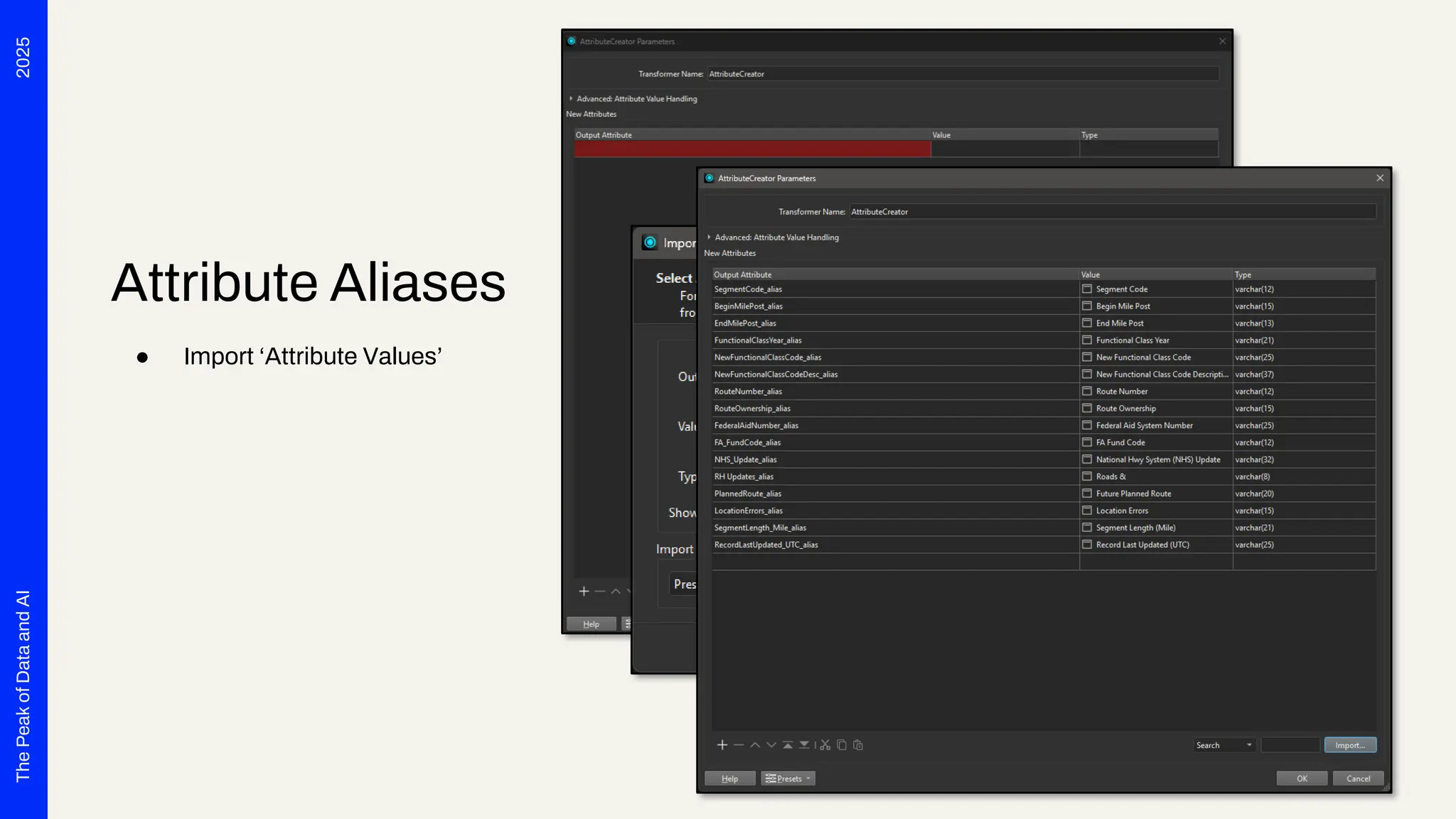 2025
The
Peak
of
Data
and
AI
Attribute Aliases
● Import ‘Attribute Values’
 